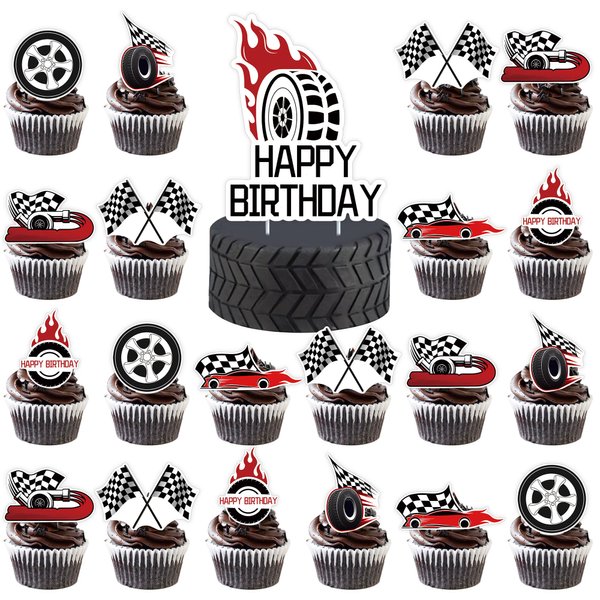 25 Pcs Race Car Theme Birthday Cake Topper and Cupcake Toppers Set,Birthday Party Supplies for Kids Boys,Birthday Cake Decorations
