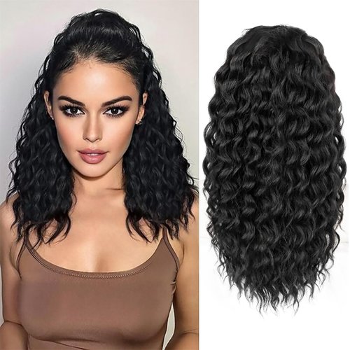 HYJ Curly Ponytail Extensions Drawstring Ponytail For Black Women Natural Black Curly Clip in Hair Extensions 18 Inch Ponytail Extension Synthetic Hairpiece for Daily Party(Black)