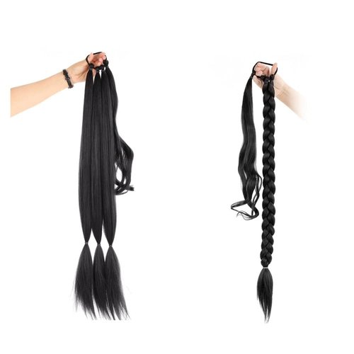 32 Inch Long Braided Ponytail Hair Extensions Wrap Around Ponytail DIY Straight Pony Tails Extensions for Black Women Elastic Ponytail Extensions Girls Magic Paste Ponytail (2#)