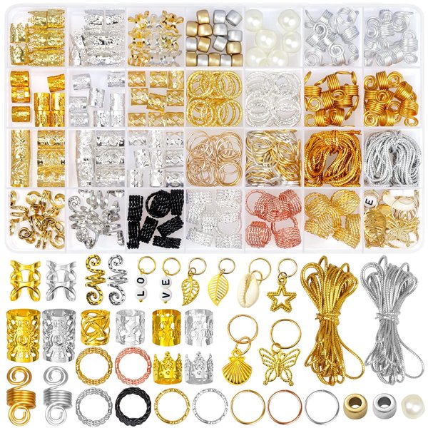 Pydeeirom 305PCS Hair Jewelry Accessories for Women Braids, Dreadlock Accessories Beads Loc Jewelry, Hair Decoration with Cuffs Charms Braids Gold Silver Rings Coils Pearl Wire Wrapped