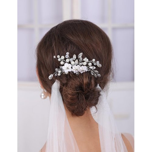 Teyglen Flower Bride Wedding Hair Comb Bridal Pearl Flower Hair Piece Silver Rhinestone Headpiece Crystal Side Comb Decorative Hair Accessories for Women Girls