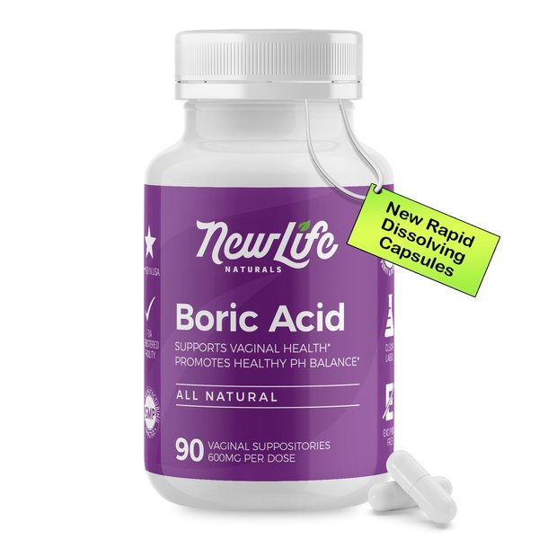 NewLife Naturals - Medical Grade Boric Acid Vaginal Suppositories - 600mg - 100% Pure Womens pH Balance Pills - Yeast Infection, BV - 90 Capsules: Made in USA