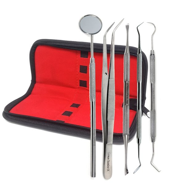 5 Pcs Dental Kit Scraper, Mirror, Serrated Tweezers, Double Ended Picks for Professional Teeth Cleaning Calculus Plaque Remover Made of Stainless Steel for Oral Care with Knurled Handle and Case