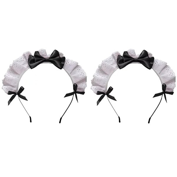 2Pc Black Women Girls Lolita Headband Lace Bow Hair Band Maid Anime Cosplay Headwear Ribbon Bowknot Women's Fashion Headbands Cute Hair Band Party Hair Accessories