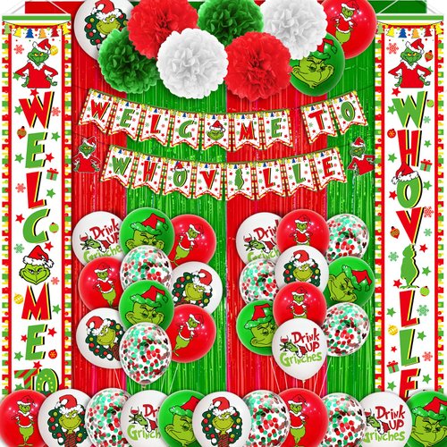 64Pcs Whoville Christmas Decorations Welcome To Whoville Banner Green Door Banner Welcome Porch Sign Hanging Banner Outdoor Christmas Decorations and Christmas Balloons for Christmas Party Supplies