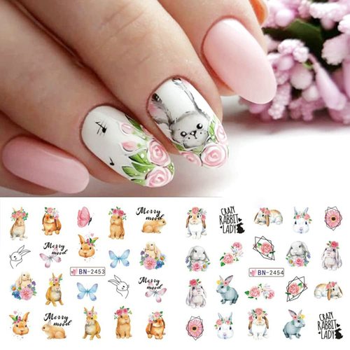 Bunny Nail Art Stickers Easter Nail Decals Cartoon Cute Bunny Carrot Rabbit Water Transfer Nail Accessories Flower Design Acrylic Nail Supplies Holiday Nail Decoration for Women Girls Manicure 12Sheet