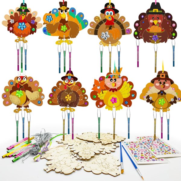 16 Pack Thanksgiving Party Favors,Fall Turkey Wind Chime Craft Kit,Autumn Harvest Party Wooden Arts DIY Coloring Craft for Kindergarten Fiesta Fall Thanksgiving Party Art Activity Supplies(Turkey)