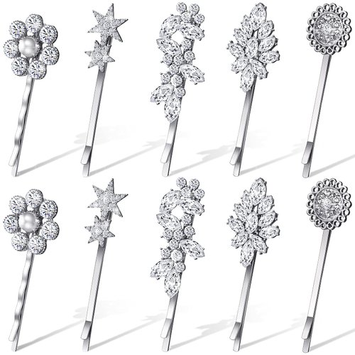 Waydress 10 Pcs Vintage Hair Pins for Women Vintage Rhinestone Bobby Pin Star Decorative Tone Hair Pins Hair Barrette Flower Leaf Feather Sunflower Hair Clips Metal Hair Accessories for Girls(Silver)