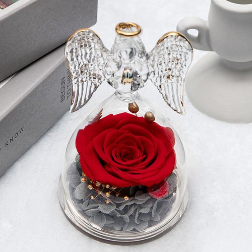 Yamonic Mom Birthday Gifts for Mom, Angel Figurines with Real Rose Gifts for Her Mom Grandma,Preserved Rose in Glass Angel Figurines for Mothers Day Christmas Anniversary Birthday Gifts for Her (Red)