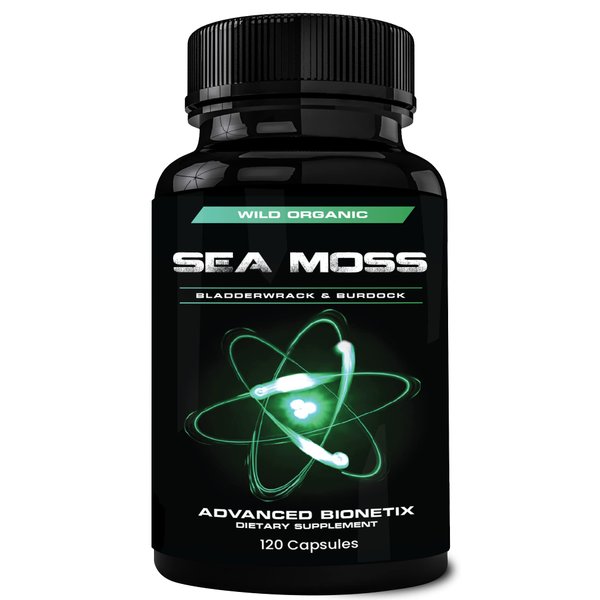 Advanced Bionetix Organic Irish Sea Moss Capsules, Raw Wildcrafted Seamoss Enhanced w/Bladderwrack & Burdock Root Capsules 120 Total Pills Antioxidant Packed. Prebiotic Superfood, Thyroid Support.