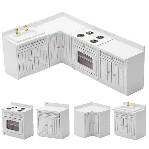 Wooden Dollhouse Miniature Furniture Kitchen Play Cabinet Fridge Set Freely Combined 1/12 Scale