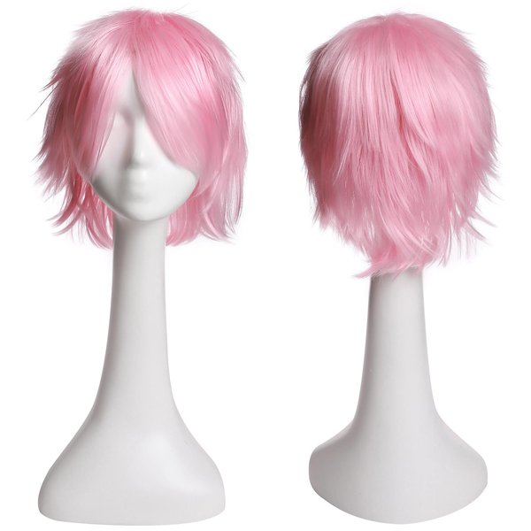 Hairro Short Anime Cosplay Wigs for Women and Men Spiky Unisex Comic Wigs with Oblique Bangs Halloween Costume Pink Wig+Free Wig Cap