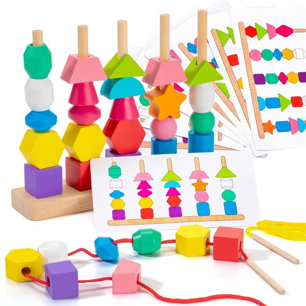 FlameFlash Montessori Toys Bead Sequencing, Wooden Lacing Beads & Matching Shapes Colors Stacking Toy for 2 3 4 5 Year Old, Toddlers Preschool Learning Fine Motor Skills Toys