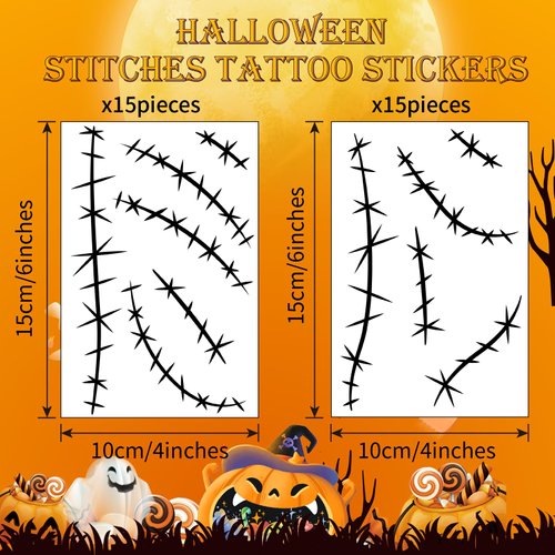 30 Sheets Halloween Stitches Tattoo Stickers Fake Scar Temporary Tattoos Sticker Stitches Choker Necklace for Halloween Cosplay Costume