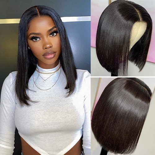 ISEE Hair Glueless Wear and Go Wigs for Beginners Lace Front Wigs for Black Women Human Hair Short Straight Bob Human Hair Wigs Lace Pre Cut Wig 12 Inch
