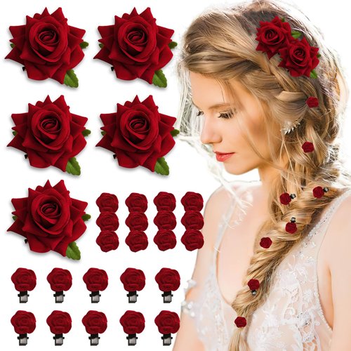 BASEMMAHER 19Pcs Red Rose Brooch Hair Clips for Women Girls Mini Floral Hair Barrettes Flower Pins Headpiece Vintage Hairpin Hair Accessories for Bridal Wedding Valentine's Day Birthday Party