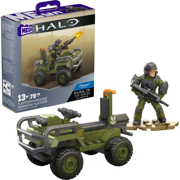 Mega Halo The Series ATV Building Toys Set, FLEETCOM Mongoose Vehicle with 79 Pieces, 1 Poseable Articulation Figure, Green, Kids or Adults