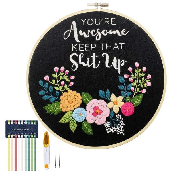 Cooliya You're Awesome Keep That Up - Embroidery Kit for Beginners, Embroidery Starter Kit Craft Kit Cross Stitch Kit - Birthday Gift for Women, Best Friend, Daughter, Mom, Coworker (Black)