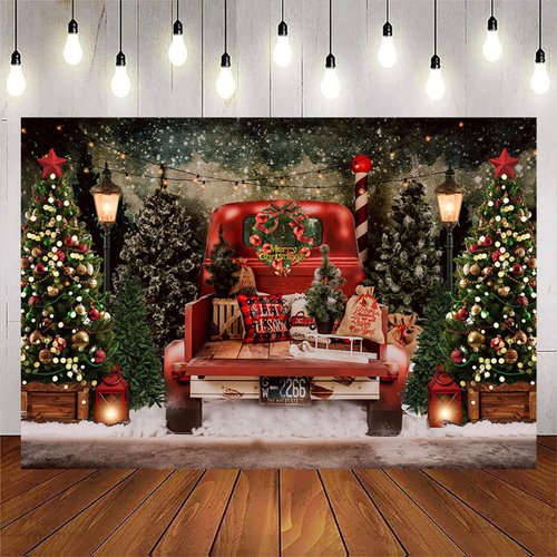 Christmas Red Truck Backdrop Winter Snowy Forest Christmas Tree Holiday Party Background Merry Christmas Baby Shower Birthday Party Decorations New Year Party Cake Table Banner,7X5FT