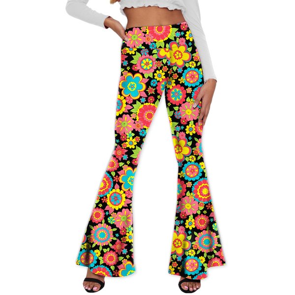 Hippie Costume for Women Floral Flare Pants High Waisted 60s Flared Palazzo Pants S
