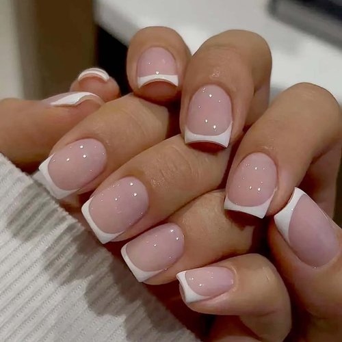 Lifextol French Tip Press on Nails Short Fake Nails Square Stick on Nails Press ons with Adhesive Tabs,24pc Pink Press on Nails French Nails Press on
