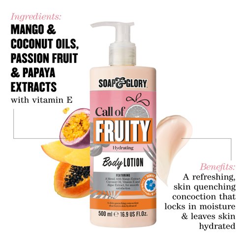 Soap & Glory Call of Fruity Moisturizing Body Lotion - Coconut Oil & Vitamin E Body Moisturizer - Tropical Fruits & Hibiscus Scented Lotion for Daily Use (500ml)