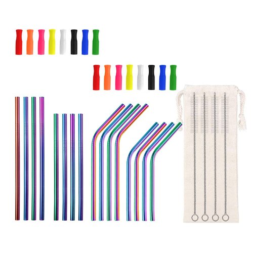Lazycorner 16 Short Metal Straws, 6mm 5.5" 6.5" Kids Reusable Straws+Silicone Tips+Cleaner, Mini Small Stainless Steel Straws Fit 8 10 12 oz Tumbler/Wine Tumblers, Reusable Cocktail Straws(Rainbow)