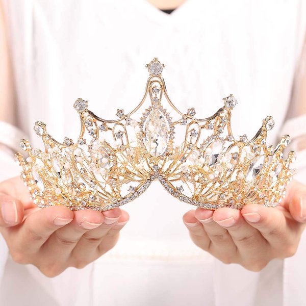 Funyrich Baroque Tiaras and Crowns Gold Crystal Bridal Wedding Queen Crown Rhinestone Princess Tiaras Hair Accessories for Women and Girls (Gold)