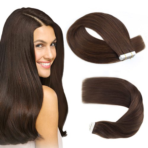 Sassina Tape in Human Hair Extensions Dark Brown 16 Inch Double Side Tape Seamless Skin Weft Natural Hair Extensions Long Straight Remi Glue in Hair 50 Grams 20 Pieces Color #2
