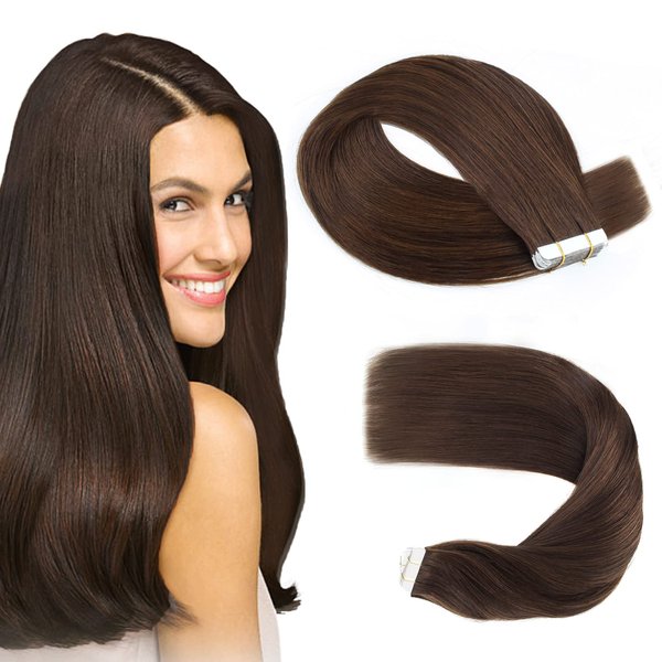 Sassina Tape in Human Hair Extensions Dark Brown 16 Inch Double Side Tape Seamless Skin Weft Natural Hair Extensions Long Straight Remi Glue in Hair 50 Grams 20 Pieces Color #2