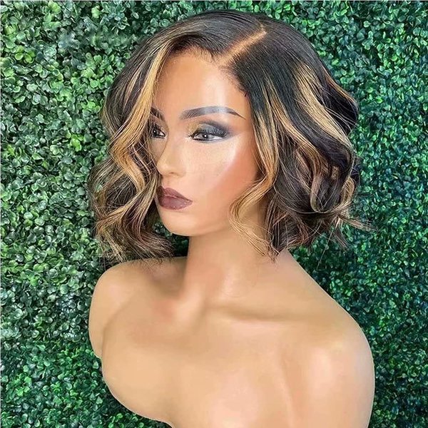 ten chopsticks 1B/27 Ombre Short Bob Wavy Human Hair Lace Front Wigs HD Invisible 13X6 Lace Frontal Human Hair Wigs Pre Plucked Bleached Knots Glueless Short Body Wave Wigs For Black Woman 10Inch