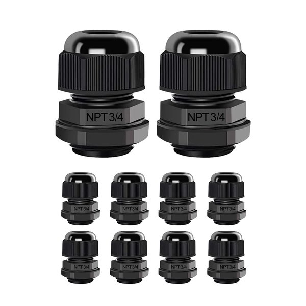 AIRIC 3/4" NPT Cable Glands Nylon PA66, Black IP68 Waterproof Adjustable Strain Relief Cord Connector, Junction Box Connectors Cord Grips with Gaskets and Locknut, (3/4" NPT, 10PCS)