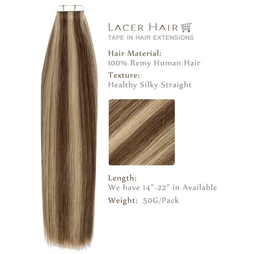 Lacer 20 Inch Remy Tape in Hair Extensions Human Hair Color Chocolate Brown to Light Golden Brown Invisible Straight Double Sided Skin Weft Natural Hair Tape in Extensions 50g 20pcs