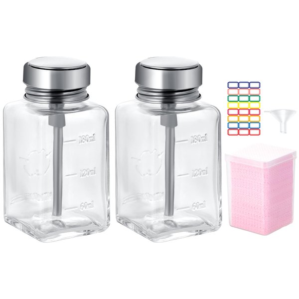 Glass Pump Bottle Dispenser Set, 6 Oz/180 ml Clear Pump Bottles with Metal Flip Cover, 200 PCS Lint Free Nail Wipes, Makeup Nail Polish Remover Refillable Container Push Down Dispenser Bottles