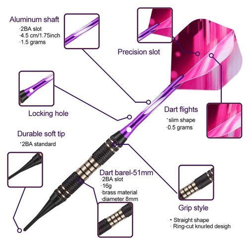 Soft tip Darts Set 18 Gram - Professional Darts Plastic Tip with Brass Barrel + 50 Rubber o-Rings + Purple Aluminum Shafts + 6 Pattern Flights + 30 Tips for Electronic Dartboard