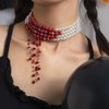 Jumwrit Vintage Layered Pearl Choker Necklace Chunky Chain Multi Strand Pearl Beaded Necklace Rhinestone Crystal Tassel 4 Tier Halloween Vampire Necklace Statement Accessories for Women (Red)