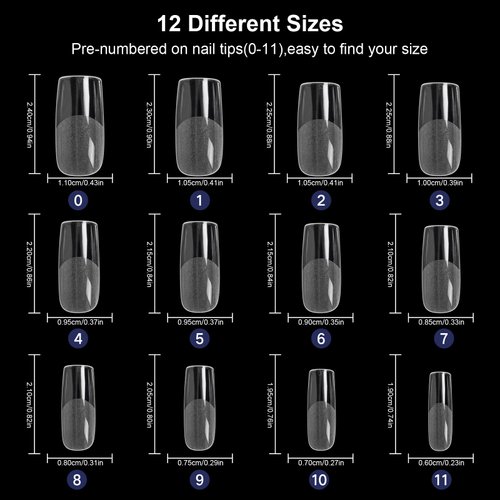 AORAEM Square Nail Tips 600 PCS Artificial Full Cover Nail Tips Soft Clear Gel x Nail Tips 12 Sizes Acrylic Medium Square Press on Nails Tapered Square False Nails with Box for Home DIY Nail Salon