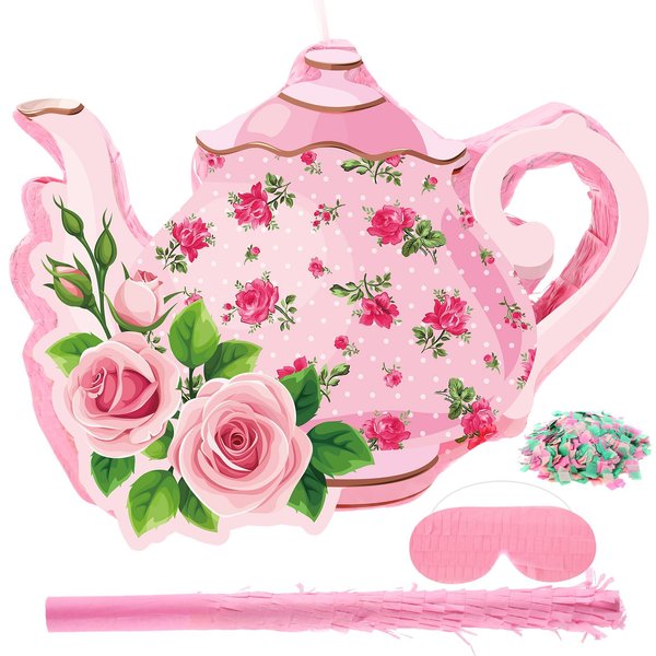 Aoriher 4 Pieces Tea Party Piñatas Flower Themed Party Decorations Teapot Small Piñata Bundle with a Blindfold, Stick and Confetti Tea Cup Party Supplies Favors for Birthday Party (Teapot)