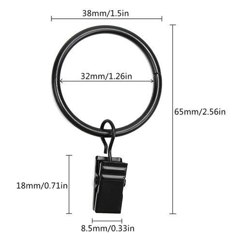 Datttcc 40 Pack Metal Curtain Rings with Clips Black Decorative Drapery Rustproof Vintage 1.26 Inch Interior Diameter
