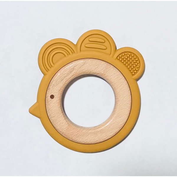 LogiBear Animal Baby Teether Ring for 6+ Months, Non-Toxic BPA Free Food Grade Silicone and Beech Wood, Baby Tested for Easy Grip and Soothing Teething Pain (Bird, Yellow)