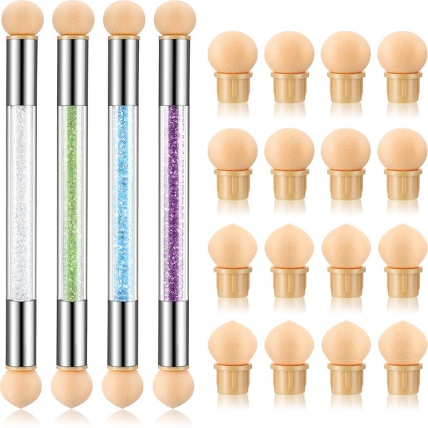 4 Pieces Sponge Nail Brush Picking Dotting Gradient Pen Brush Double Head Nail Brush Acrylic Nail Painting Brush with 16 Pieces Replacement Head for Nail Art Manicure (White, Green, Purple, Blue)