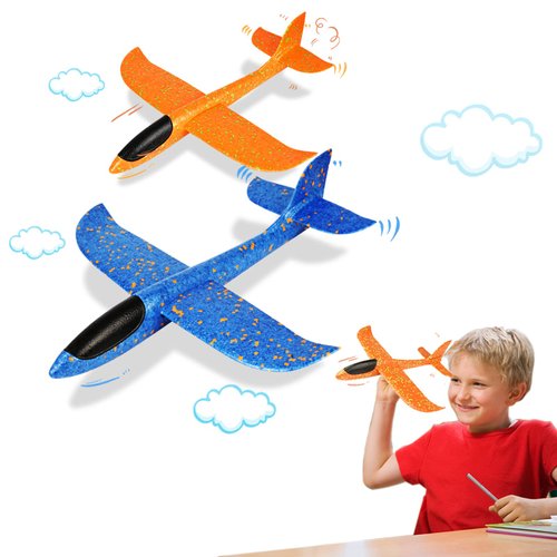 VCOSTORE 2 Pack Foam Airplanes - 13.3" Throwing Foam Glider Plane - 2 Flight Mode Flying Styrofoam Toys Surprise for Kids Boys Girls(Blue&Orange)
