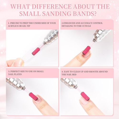 heemeei Small Sanding Bands for Nail Drill, 100Pcs Mini Sanding Bands 180 Medium Grits with Upgrade Design 3.1mm Mandrel Bits for Acrylic Nails Gel Manicures and Pedicure (Pink)