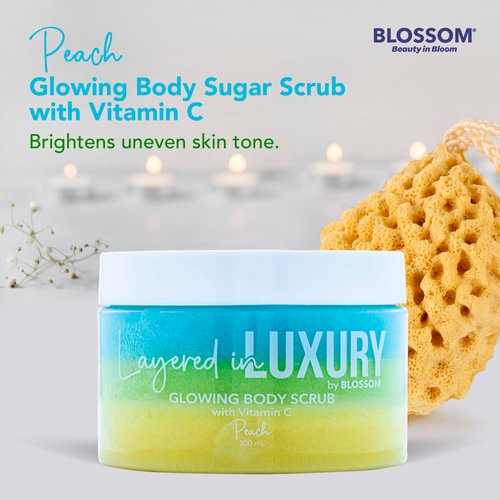 Blossom Layered in Luxury Glowing Scented Lather Foaming Body Sugar Scrub Exfoliating Polish with Skin Brightening Vitamin C, Cruelty Free, 300ml, Coconut