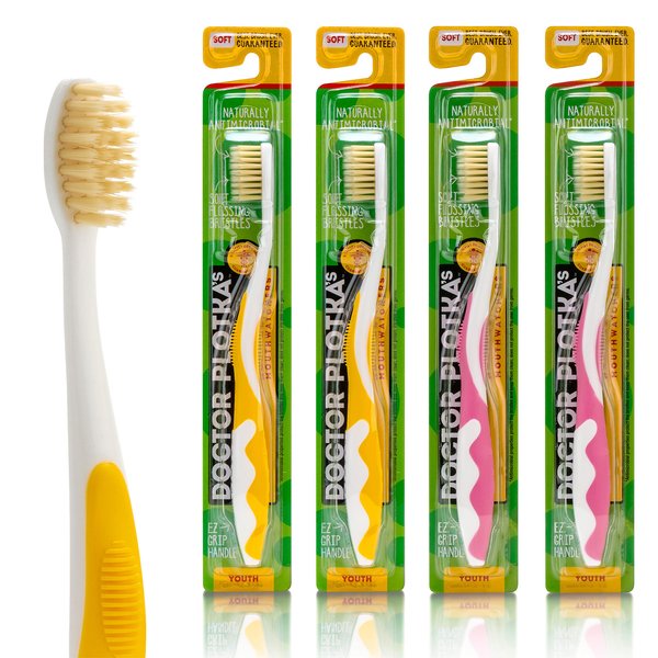 MOUTHWATCHERS Dr Plotkas Extra Soft Kids Toothbrushes Manual Flossing Toothbrushes | Ultra Clean Nano Toothbrushes | 4 Pack – 2 Yellow and 2 Pink Childrens Toothbrushes