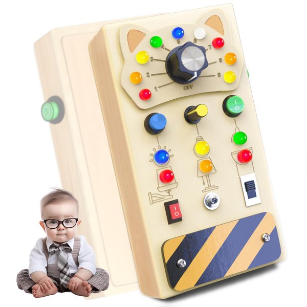 POLKRANE Toddler Montessori Travel Toys - Wooden Busy Board with LED Light,Switch Toy for Baby Sensory Play, Educational & Learning Toys for Kids (1+), Perfect Travel Toy,Gifts for 1-3 Year Old Kids