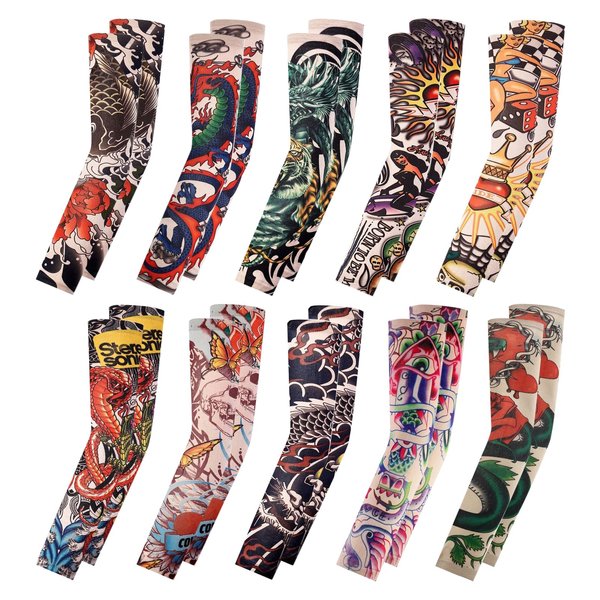 Helitd 10 Pairs Fake Temporary Tattoo Arm Sleeves Fake Tattoo Sleeve 20pcs Tattoo Sleeves for Men Tattoo Sleeves for Woman Tattoo Arm Sleeve Cover for Sports Halloween(Style-1)