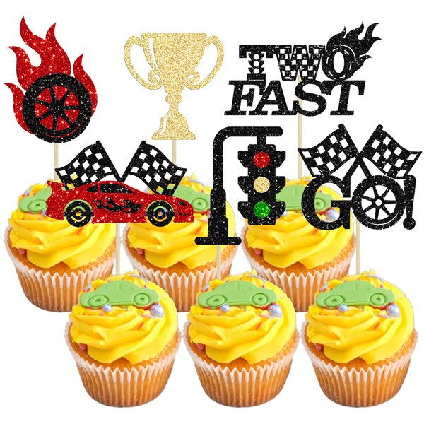 Gyufise 24Pcs Two Fast Cupcake Toppers Glitter Race Car Cupcake Pick Decorations for Baby Shower Racing Sports Theme Kids 2nd Birthday Party Cake Decors Supplies