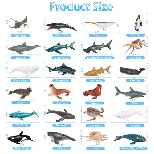 SCAHOW 24pcs Sea Creature Figurines - Realistic Ocean Animal Figures with Sharks, Whales & Octopus - Great for Easter Egg, Cake Topper & Gift