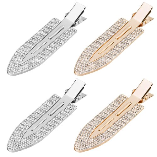 PAGOW Rhinestone No Bend Hair Clips, 4pcs bangs hair clip with Metal Shiny Styling Diamond ,No Dent No Crease Makeup Hair Clips for Women and Girls (2 Silvery & 2 Gold)